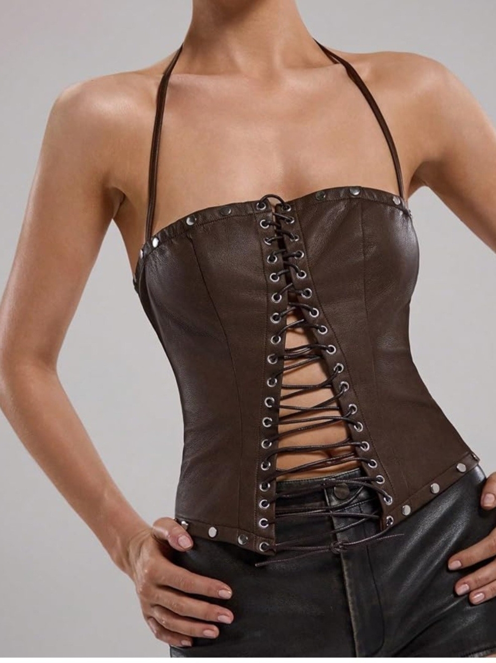 Brown Lace-Up Leather Halter Corset Top - Women
